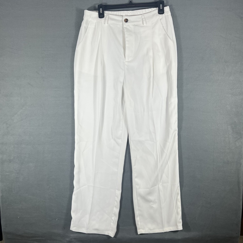 Women's White Pleated Front Relaxed Fit Trousers Elastic Waist Pants Size XL